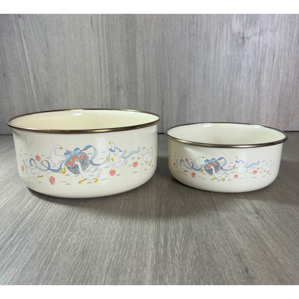 Vintage Enamelware Nesting Mixing Bowls Set Country Geese Cream 2pc